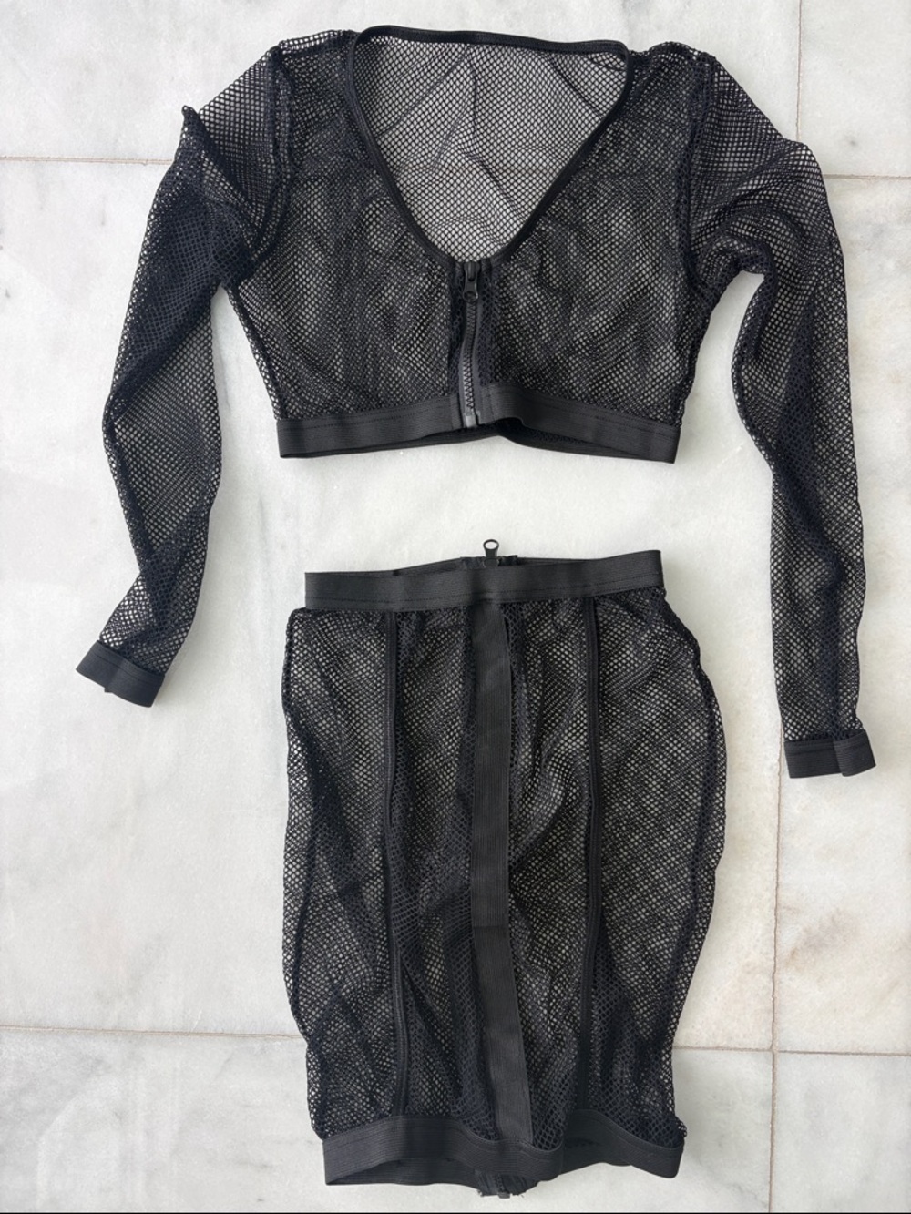 Black Mesh Two-Piece Intimate Set - Long Sleeve Crop Top & Skirt